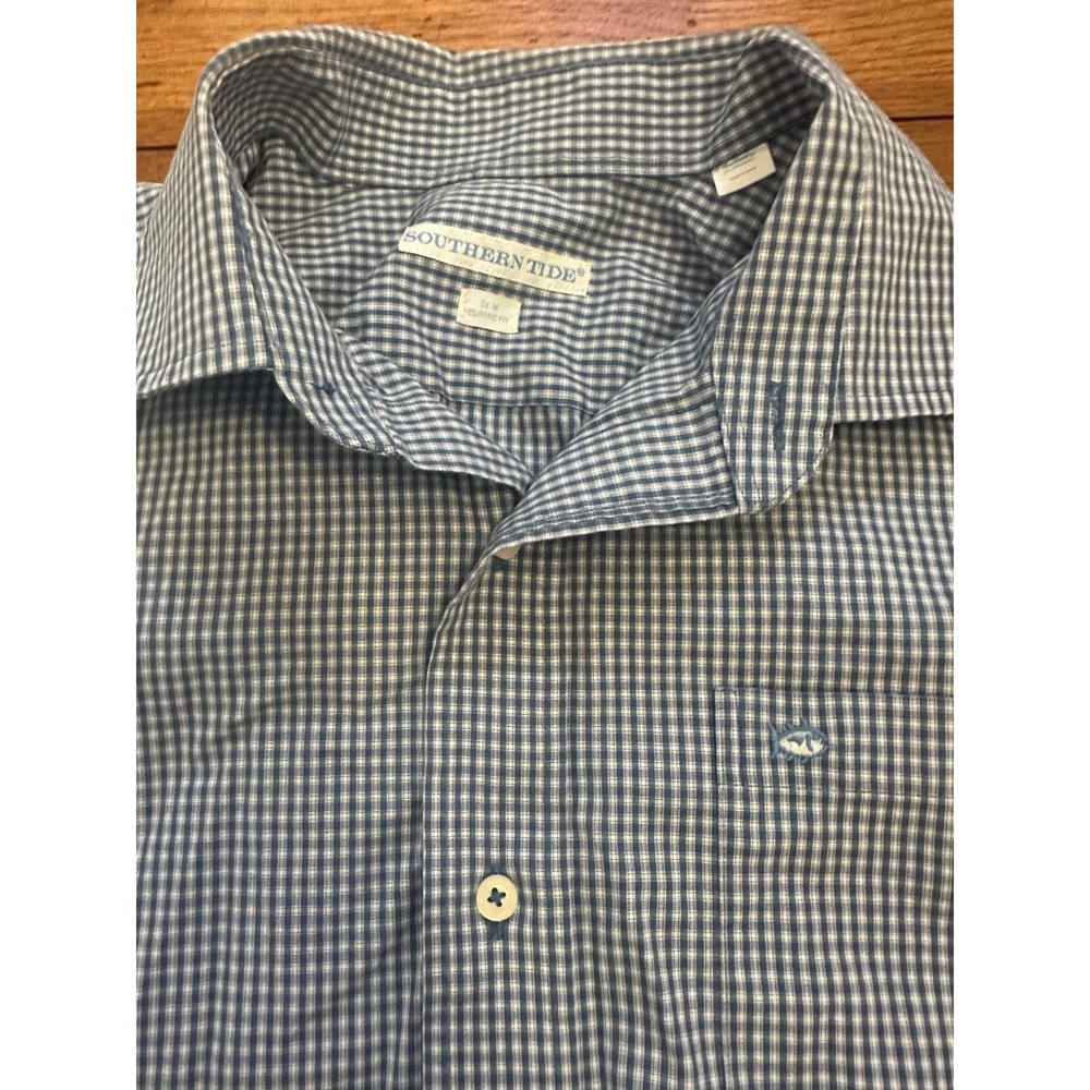 southern tide classic fit blue gingham long sleeve men's medium
